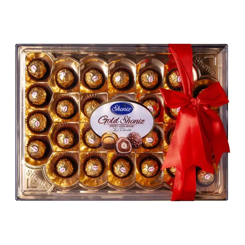 شکلات شونيز طلایی روباندار قرمز